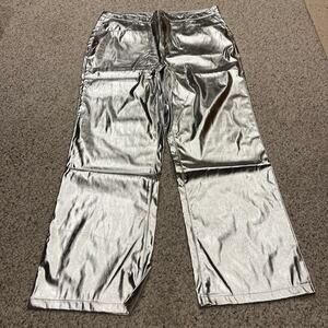 NWT PrettyLittleThing Metallic Silver Straight Leg Pants Sz 16 Flashy Retro